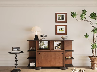 Modern Entryway Side Cabinet Interior With Table Lamp Framed Photos And Potted Plant 3d model