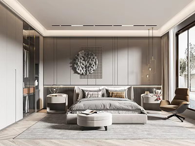 Modern Bedroom Interior Design With Large Bed Decorative Wall Rug And Accent Chair 3d model
