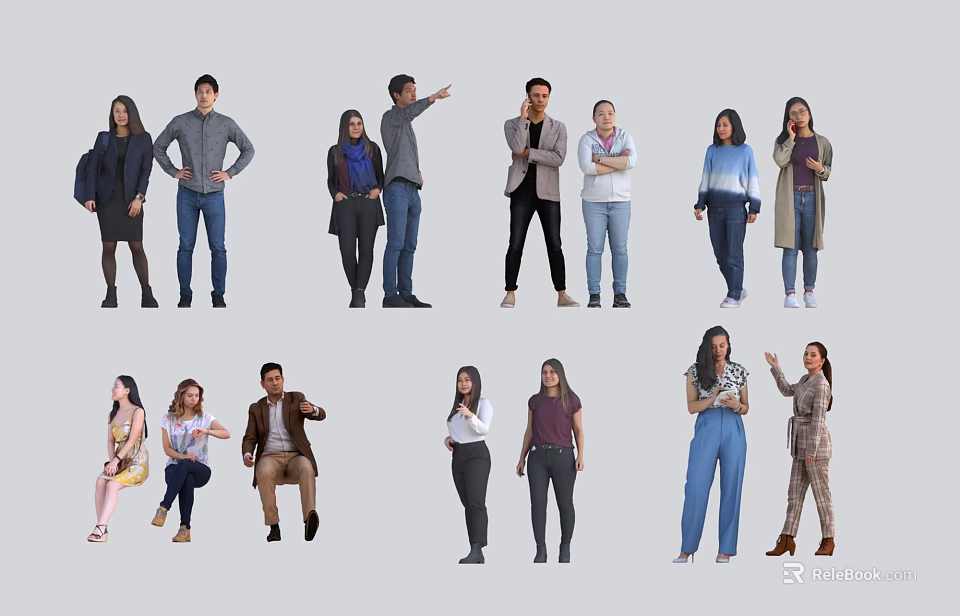 Group Of Diverse People Standing And Sitting In Various Casual Outfits 3d model 