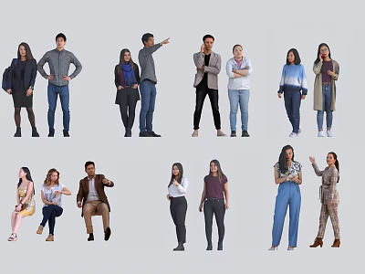 Group Of Diverse People Standing And Sitting In Various Casual Outfits 3d model