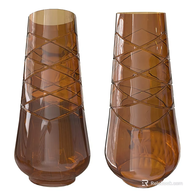 Pair of Decorative Brown Glass Vases with Crisscross Pattern and Smooth Transparent Finish 3d model 