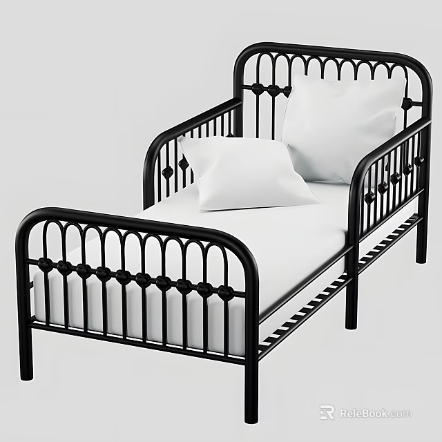 Stylish Black Metal Kids Bed With Decorative Railings White Pillows And Mattress 3d model 