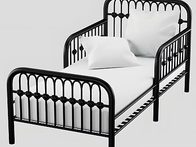 Stylish Black Metal Kids Bed With Decorative Railings White Pillows And Mattress 3d model