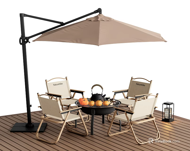 Outdoor Table Set with 4 Chairs Cantilever Umbrella Fresh Fruits and Teapot on Wooden Deck 3d model 