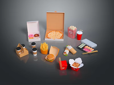 Various Takeout Food Collection With Pizza Burger Sushi Donuts Fries And Drinks 3d model