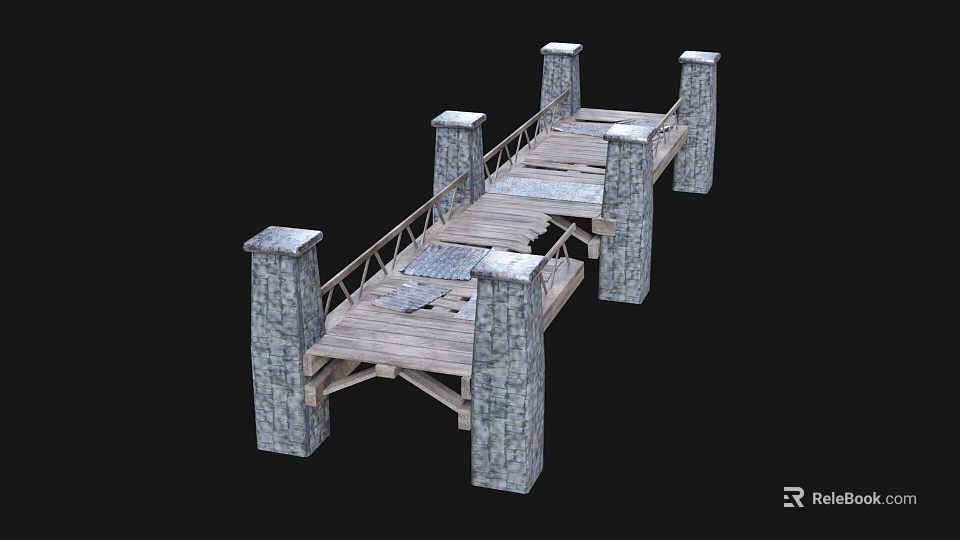 Wooden Bridge Structure With Stone Pillars And Wooden Planks Railings 3d model 