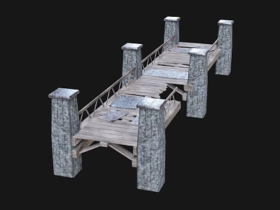 Wooden Bridge Structure With Stone Pillars And Wooden Planks Railings 3d model