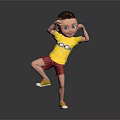 Cartoon Boy In Yellow Minion T Shirt And Red Plaid Shorts Standing On One Leg