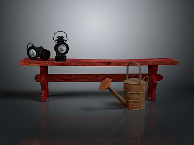 Red Wooden Bench With Two Black Oil Lamps And Brown Watering Can 3d model