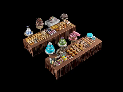 Dining Tables Covered in Brown Tablecloths with Desserts Pastries Cakes Cookies and Chocolates Dessert 3d model