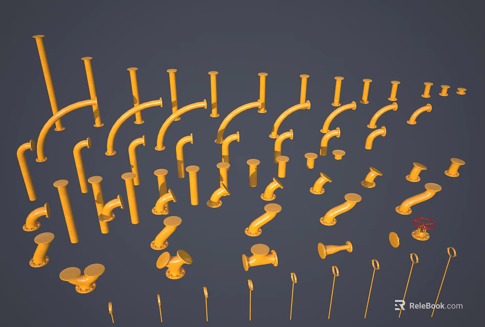 Yellow Pipe Fittings Collection With Different Types And Various Shapes 3d model 
