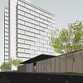 Modern Hotel Building With Glass Facade And Surrounding Trees On Urban Street