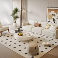 White Sofa and Round Coffee Table Set with Throw Pillows and Black White Checkered Rug 3d model