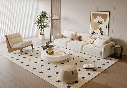 Modern Cream Style Sofa Coffee Table Combination Leisure Chair Hanging Picture Green Plant Floor Lamp Carpet 3d model