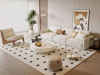 Modern Cream Style Sofa Coffee Table Combination Leisure Chair Hanging Picture Green Plant Floor Lamp Carpet 3d model