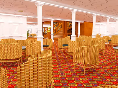 Elegant Restaurant Dining Area With Wicker Chairs Colorful Red Yellow Carpet White Columns And Staircase 3d model