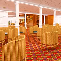 Elegant Restaurant Dining Area With Wicker Chairs Colorful Red Yellow Carpet White Columns And Staircase
