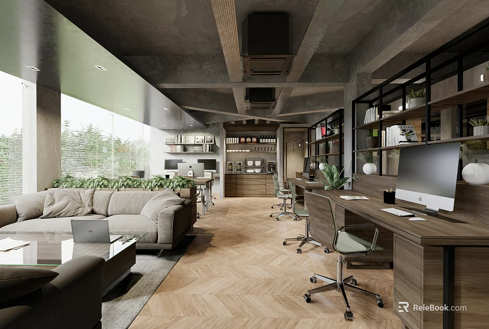 Modern Open Public Office Space With Sofa Desk Plants Bookshelves Wooden Floors And Large Windows 3d model 