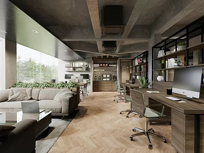 Modern Open Public Office Space With Sofa Desk Plants Bookshelves Wooden Floors And Large Windows 3d model