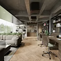 Modern Open Public Office Space With Sofa Desk Plants Bookshelves Wooden Floors And Large Windows
