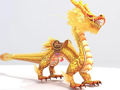 Innovative Tech Exhibition Hall Displaying Intricate Golden Dragon Model With Saddle And Rich Scales 3d model