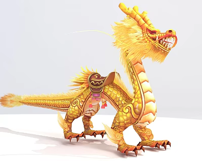 Innovative Tech Exhibition Hall Displaying Intricate Golden Dragon Model With Saddle And Rich Scales 3d model