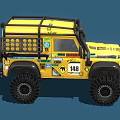 Yellow Custom Off Road Vehicle With Roof Rack Decals And Large Off Road Tires