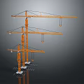 Three Orange Tower Cranes With Tall Structure Extended Boom On Gray Background 3d model