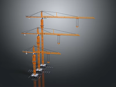 Three Orange Tower Cranes With Tall Structure Extended Boom On Gray Background 3d model