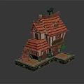 Cartoon Style Small Building with Red Tiled Roof Wooden Frame Small Windows and Chimney