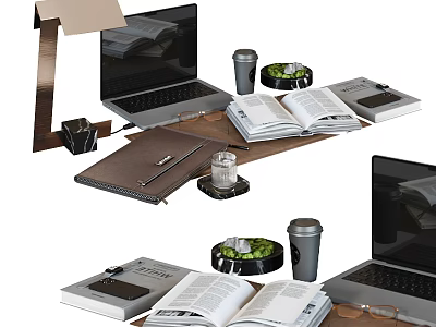 Modern Office Desk Setup With Open Book Laptop Coffee Cup Notebook Pen And Glasses 3d model
