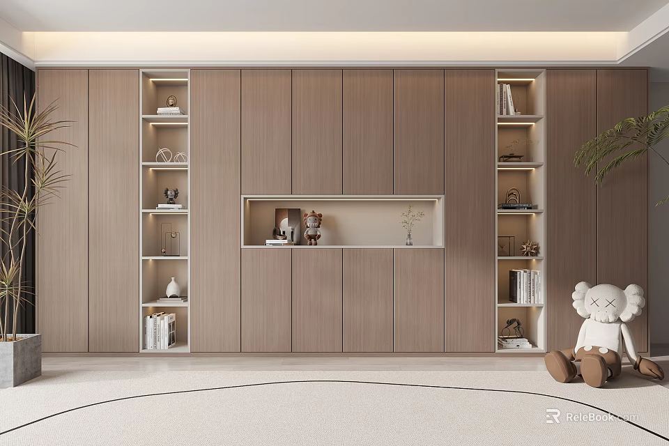 Modern Wooden Wine Cabinet Design With Open Shelves Displaying Decorative Items Books And Vase 3d model 