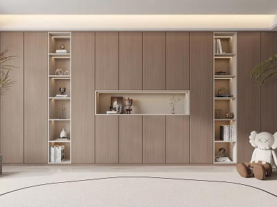 Modern Wooden Wine Cabinet Design With Open Shelves Displaying Decorative Items Books And Vase 3d model