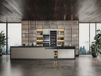 Modern Kitchen Interior Design With Island Counter Cabinets And Wooden Ceiling 3d model