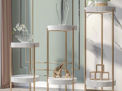 Stylish Garden Decor Accents With Gold Metal Frames White Tabletop Vase Elephant Figurine Geometric Decor 3d model