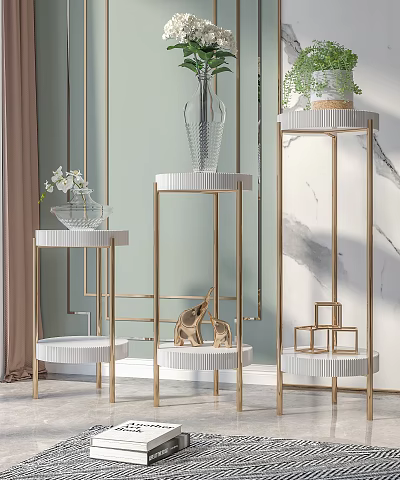 Stylish Garden Decor Accents With Gold Metal Frames White Tabletop Vase Elephant Figurine Geometric Decor 3d model