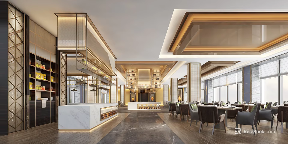 Elegant Modern Restaurant Interior With Open Layout Marble Bar Counter And Dining Chairs 3d model 
