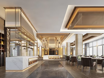 Elegant Modern Restaurant Interior With Open Layout Marble Bar Counter And Dining Chairs 3d model
