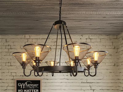 Vintage Industrial Chandelier With Metal Frame Glass Shades And Multiple Bulbs 3d model