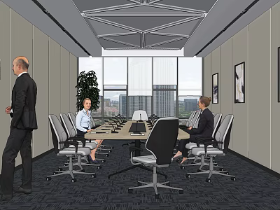 Modern Conference Room With Long Table Office Chairs And City View Through Large Windows 3d model