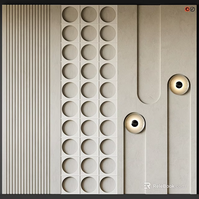 Modern Textured Wall Design With Circular Cutouts Vertical Stripes And Recessed Lights 3d model 