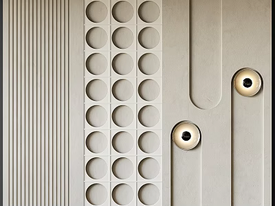 Modern Textured Wall Design With Circular Cutouts Vertical Stripes And Recessed Lights 3d model
