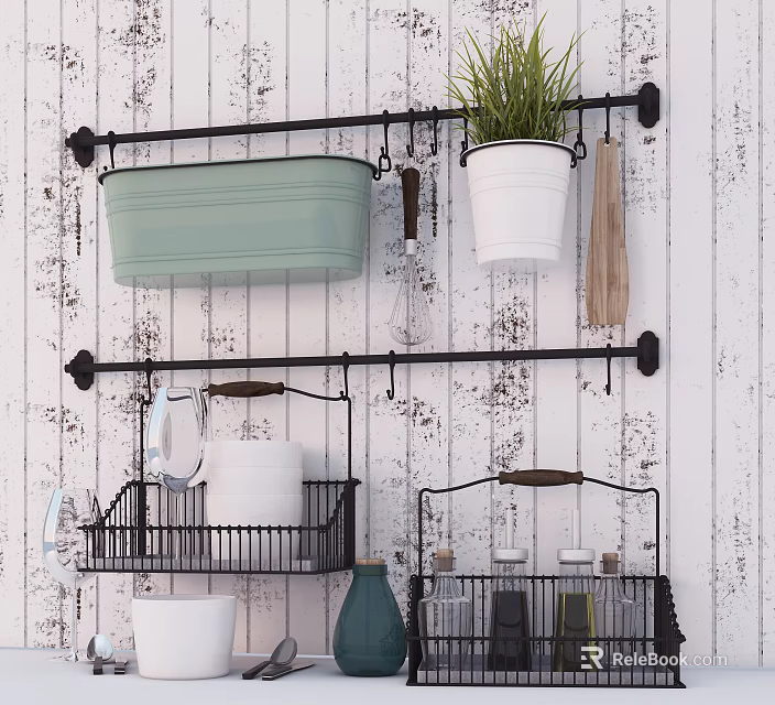 Kitchen Wall Mounted Metal Racks With Green Container White Planter Wooden Utensils And Storage Baskets 3d model 