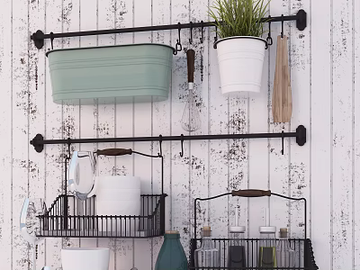 Kitchen Wall Mounted Metal Racks With Green Container White Planter Wooden Utensils And Storage Baskets 3d model