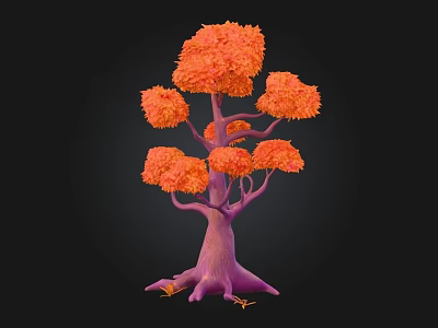 Vibrant Tree with Orange Leaves and Purple Trunk Featuring Yellow Root Details 3d model