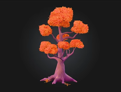 Vibrant Tree with Orange Leaves and Purple Trunk Featuring Yellow Root Details 3d model