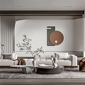 Modern Living Room Interior With White Sofa Brown Chair Circular Wall Art And Potted Plants