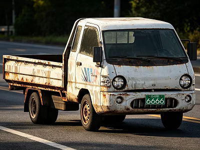 Old White Rusty Pickup Truck Driving On Road With Worn Exterior 3d model