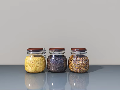 Three Glass Spice Jars with Yellow Purple Mixed Grains Brown Lids on Gray Countertop Reflections 3d model
