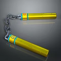 Yellow Martial Arts Nunchucks With Blue Red Accents And Metallic Chain Design